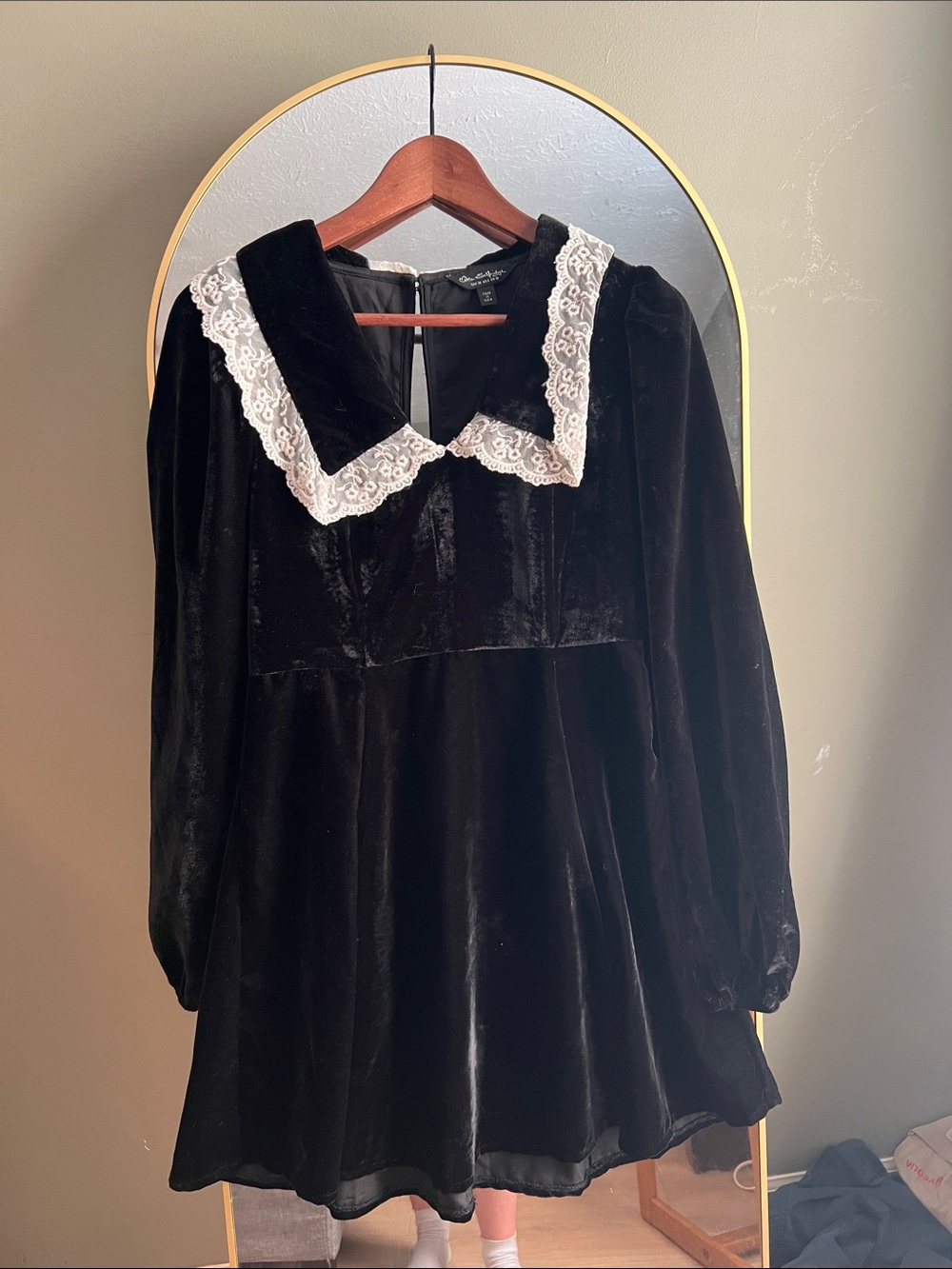 Miss Selfridge Black Velvet Dress with White Lace Collar